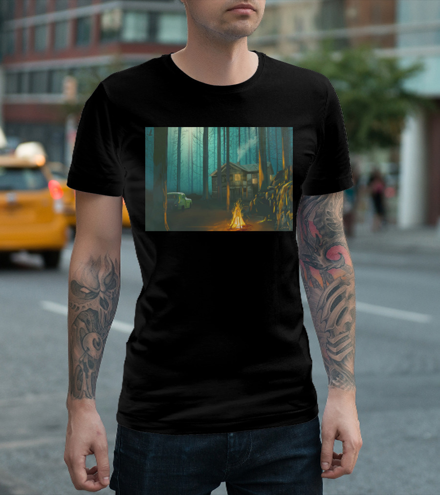 Fire By The Cabin In The Misty Forest T-Shirt