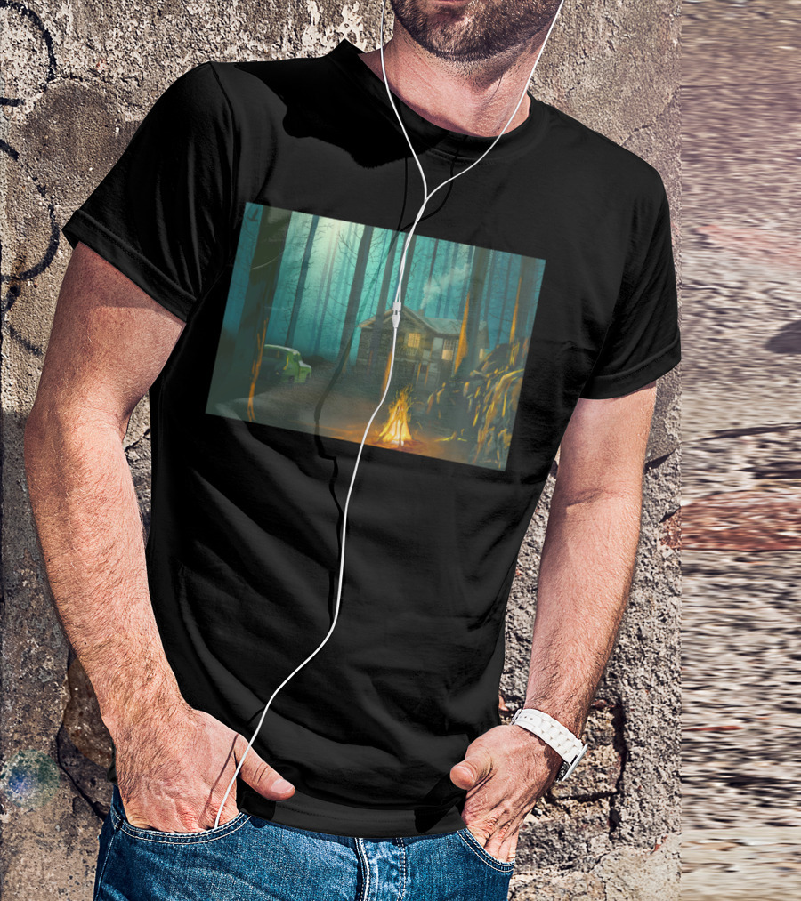 Fire By The Cabin In The Misty Forest T-Shirt