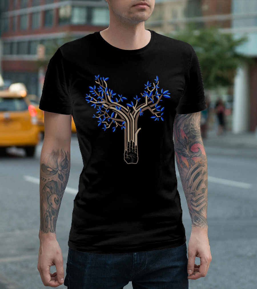 Seed Tree Hand Roots Blue Leaves T-Shirt