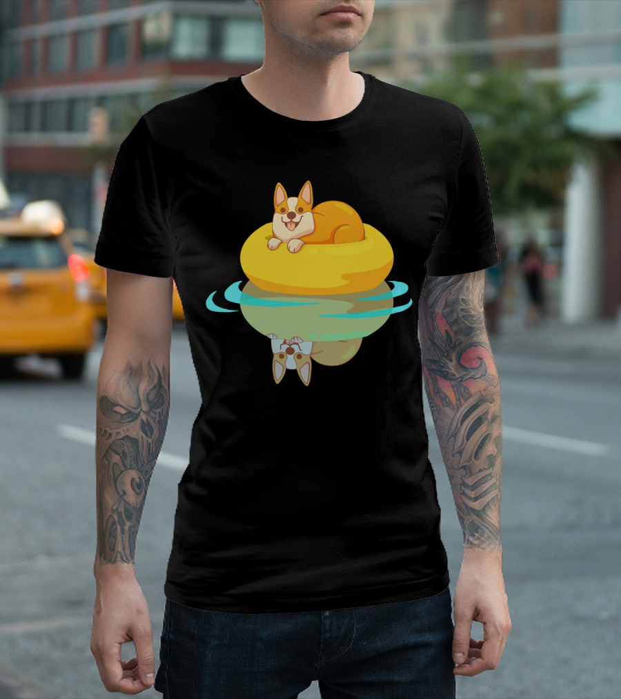 Summer Corgi on Yellow Pool Float with Water Reflection T-Shirt