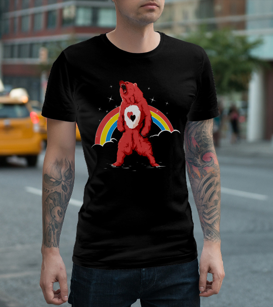 Roaring Red Heart Bear With Rainbow And Stars T-Shirt