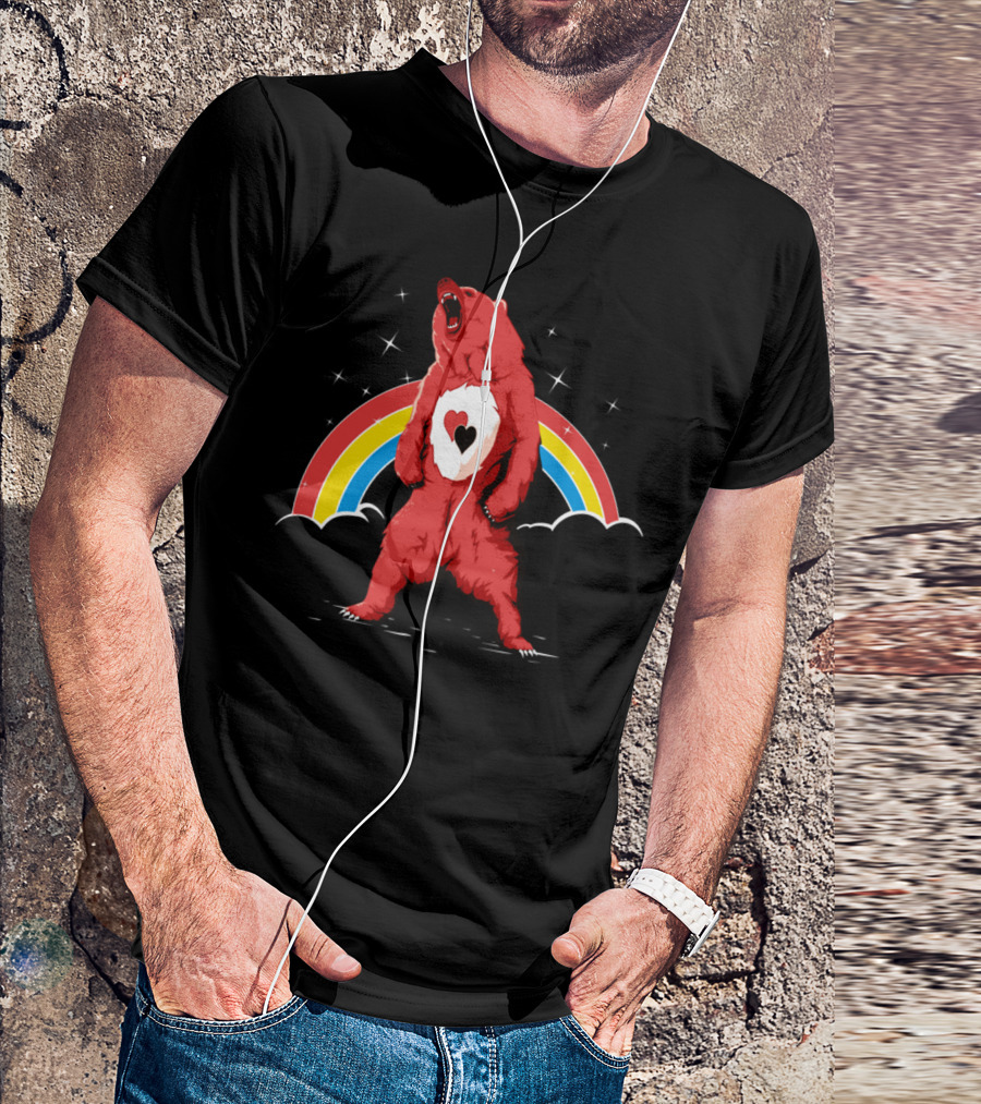 Roaring Red Heart Bear With Rainbow And Stars T-Shirt