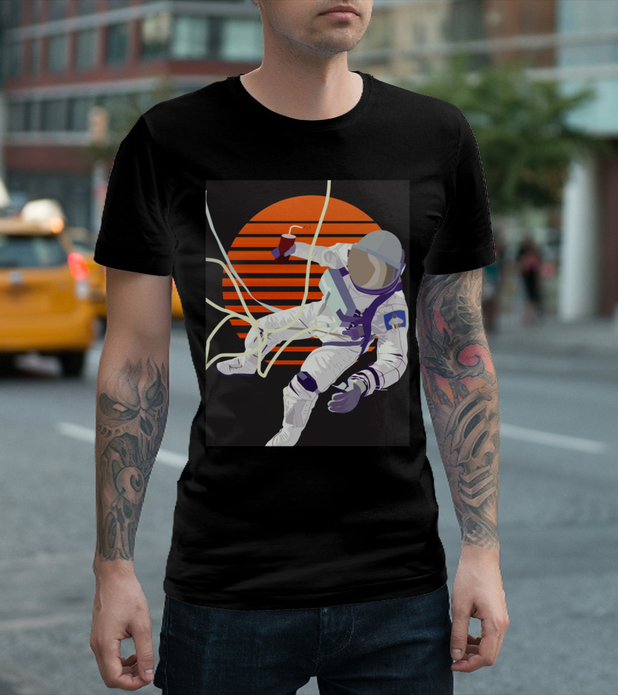 Summer Spaceman Wave Orange Sun Retro Astronaut with Soda Drink T-Shirt