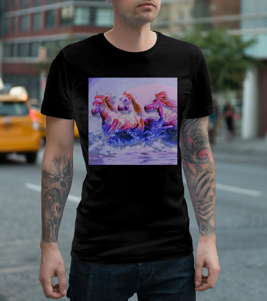 Three Horses Running Through Water Waves T-Shirt