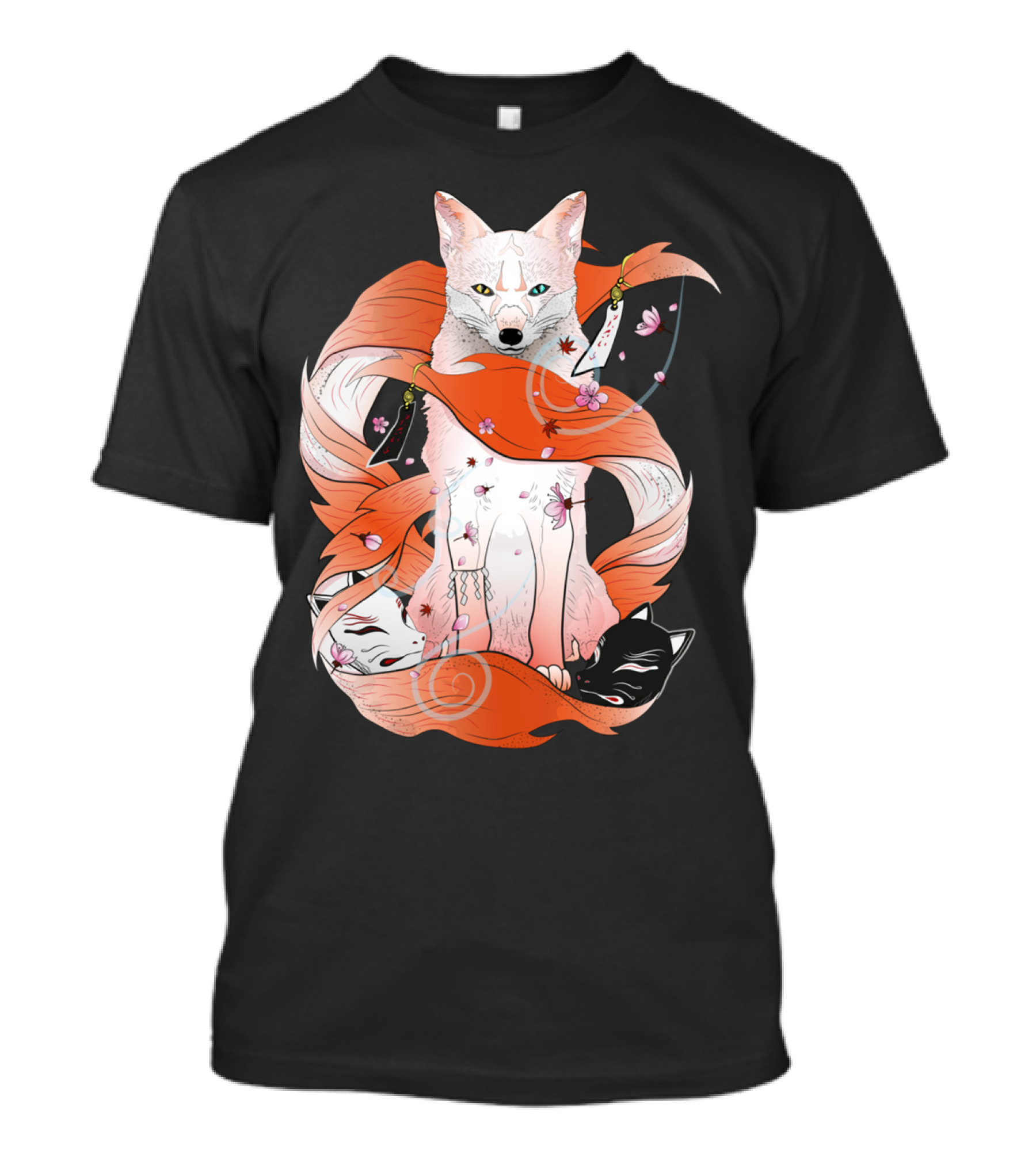 Red Kitsune Mythical Fox With Spirals And Cherry Blossoms T-Shirt
