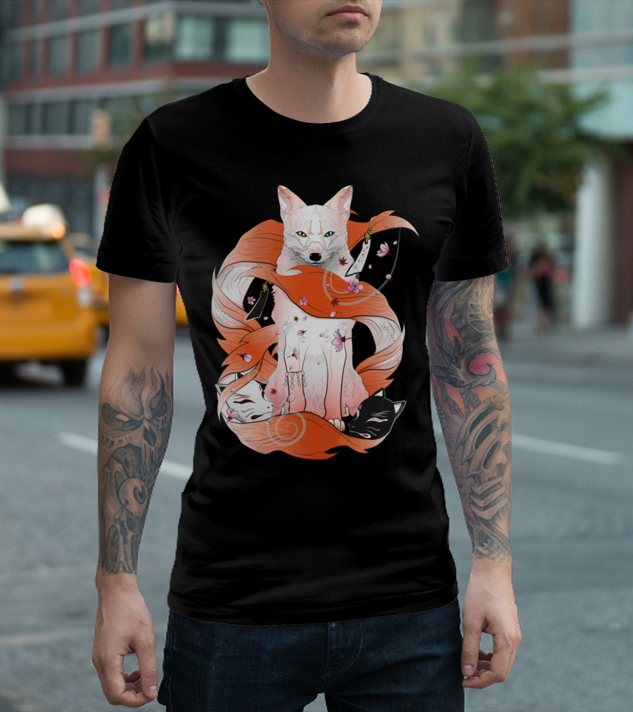 Red Kitsune Mythical Fox With Spirals And Cherry Blossoms T-Shirt