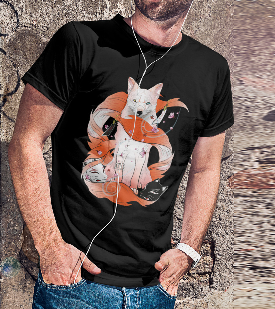Red Kitsune Mythical Fox With Spirals And Cherry Blossoms T-Shirt