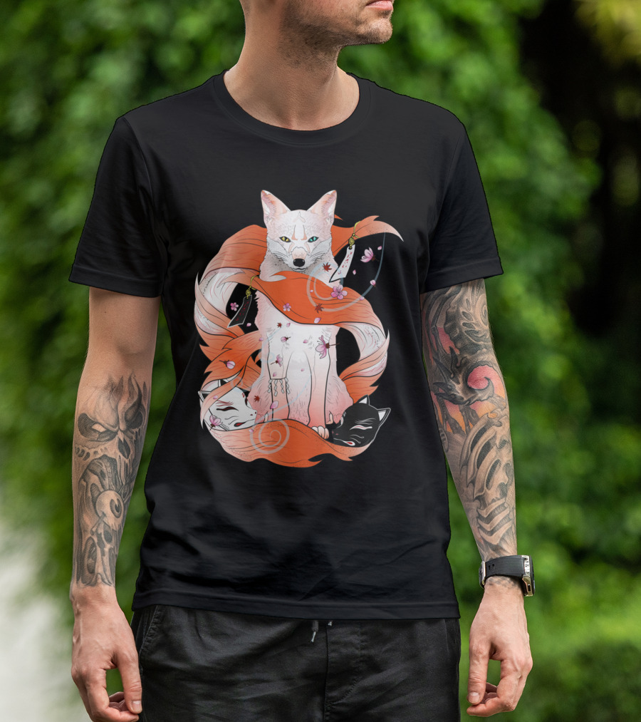 Red Kitsune Mythical Fox With Spirals And Cherry Blossoms T-Shirt