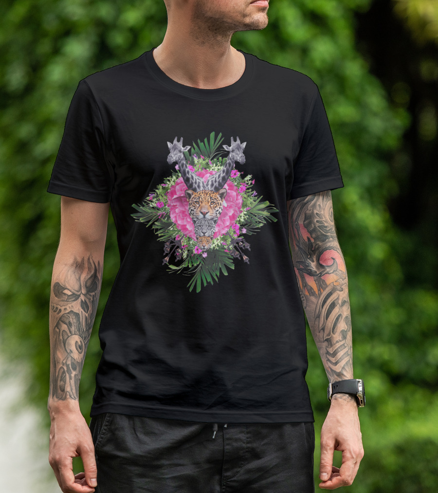 Selva19 Jaguar And Giraffe Floral Jungle Fusion T-Shirt