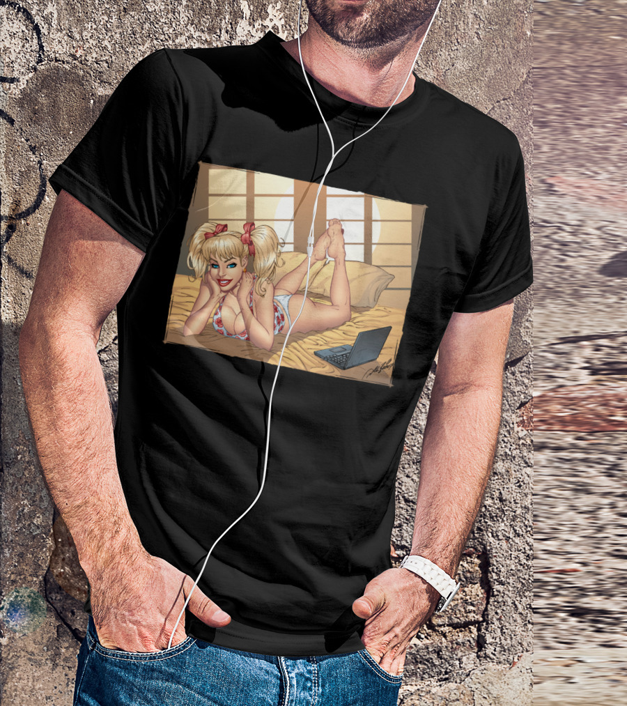Ponytailed Pinup Girl Relaxing With Laptop On Bed T-Shirt