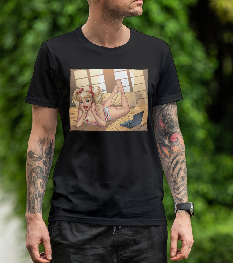 Ponytailed Pinup Girl Relaxing With Laptop On Bed T-Shirt