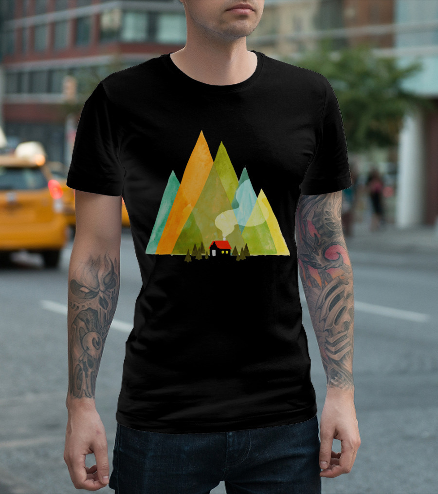 Mountain Cabin Pine Trees Geometric Peaks T-Shirt