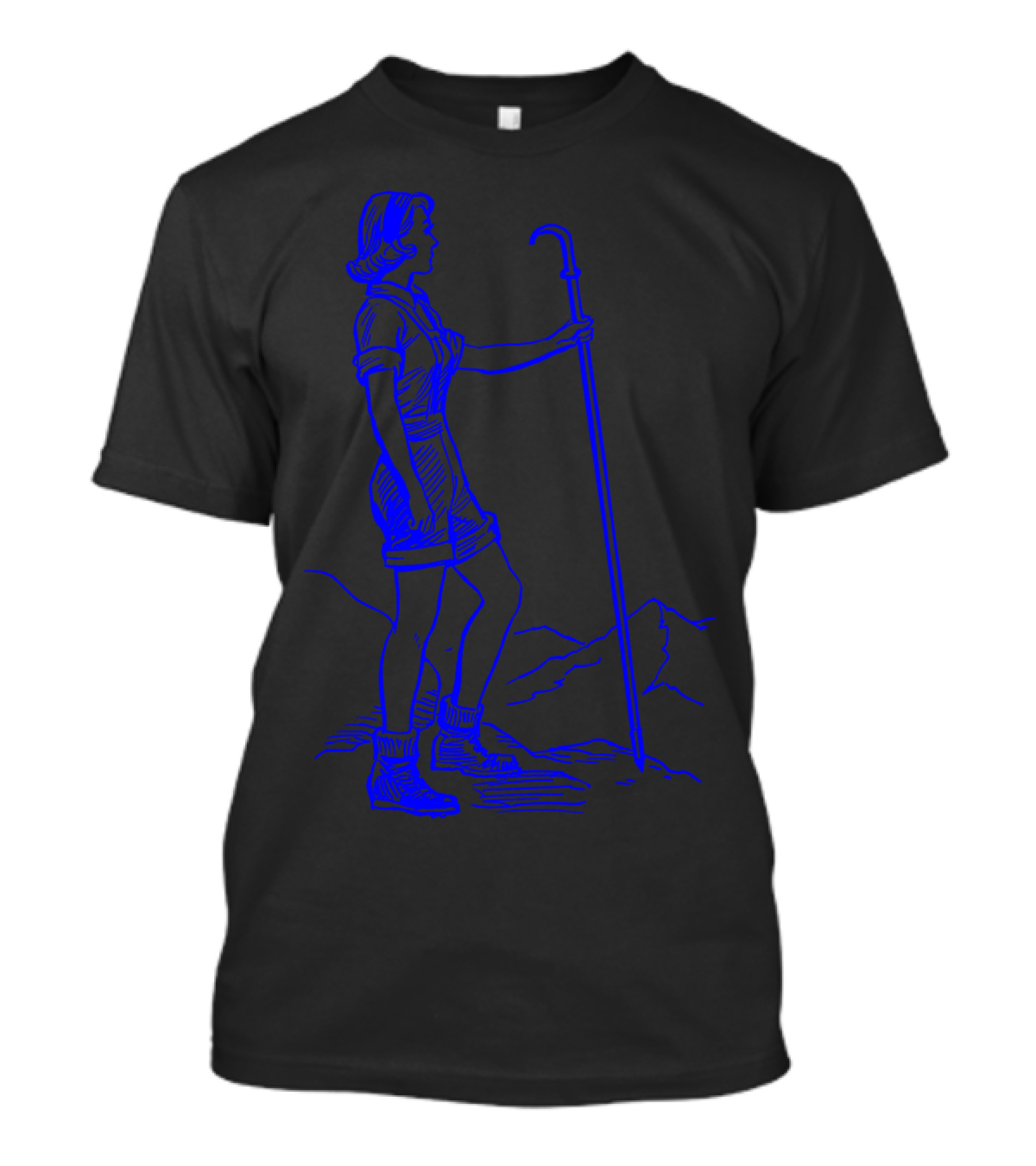 Mountain Hiking Girl With Staff Vintage Outline T-Shirt