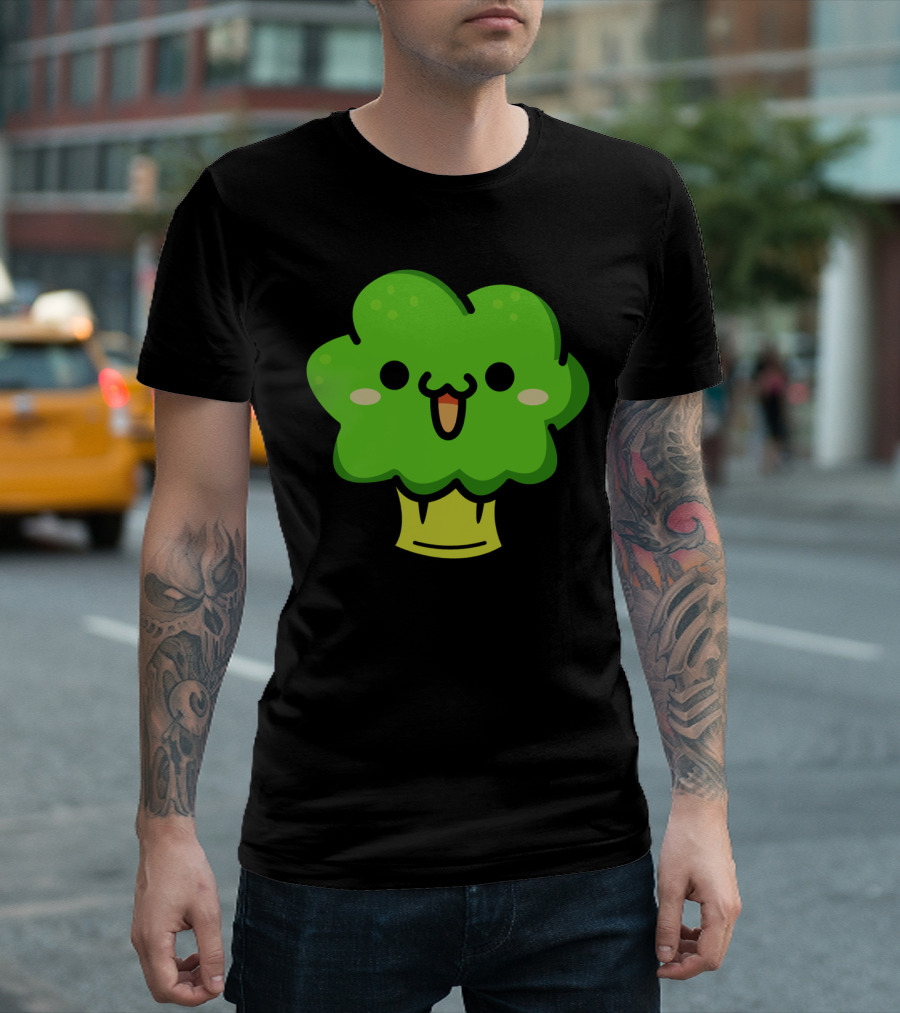 Cute Broccoli Kawaii Face Cartoon Green Vegetable T-Shirt