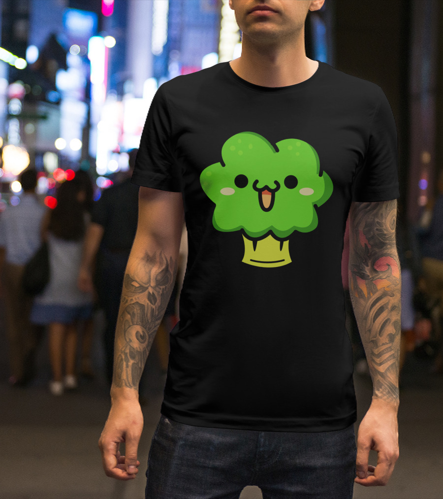 Cute Broccoli Kawaii Face Cartoon Green Vegetable T-Shirt