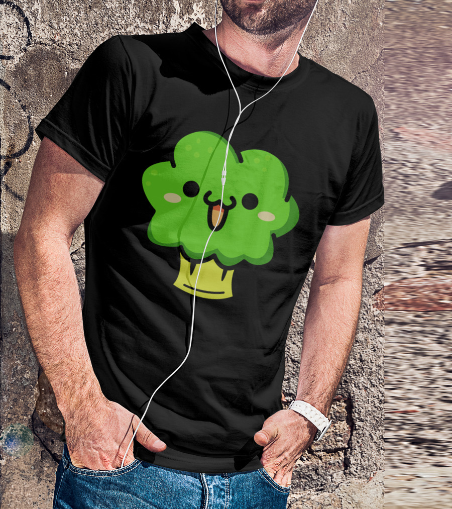 Cute Broccoli Kawaii Face Cartoon Green Vegetable T-Shirt
