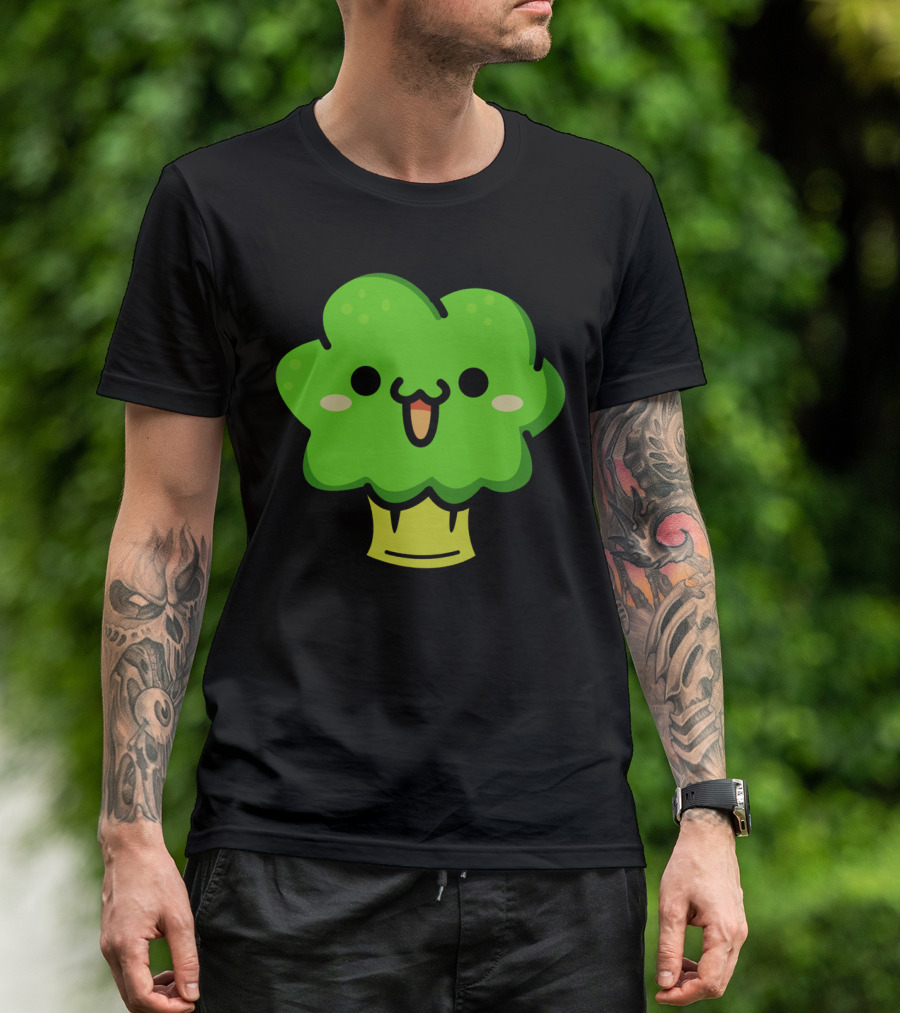 Cute Broccoli Kawaii Face Cartoon Green Vegetable T-Shirt