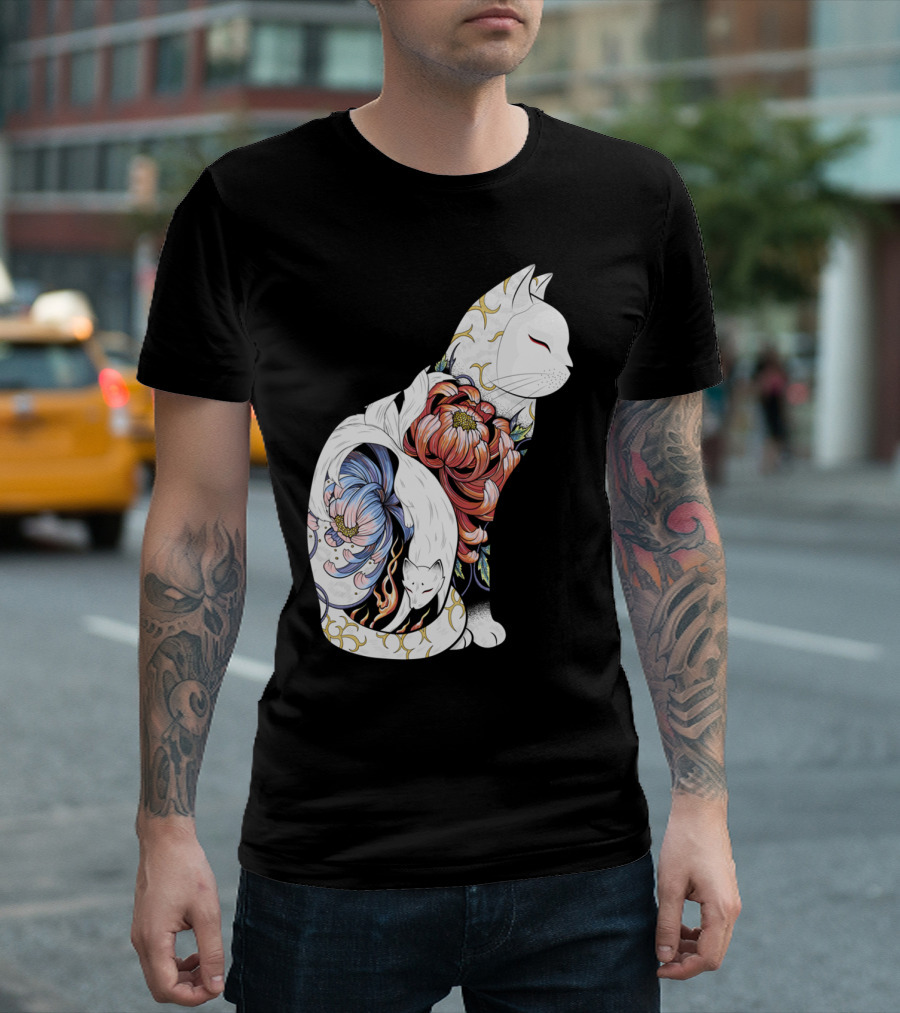 Kitsune Cat Tattoo Fox Floral Japanese T-Shirt