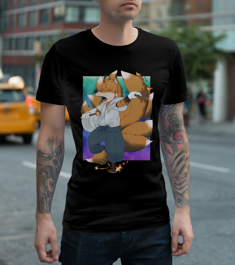 Kitsune Fire Dance Yokai Spirit Fox Magic Flames Anime T-Shirt