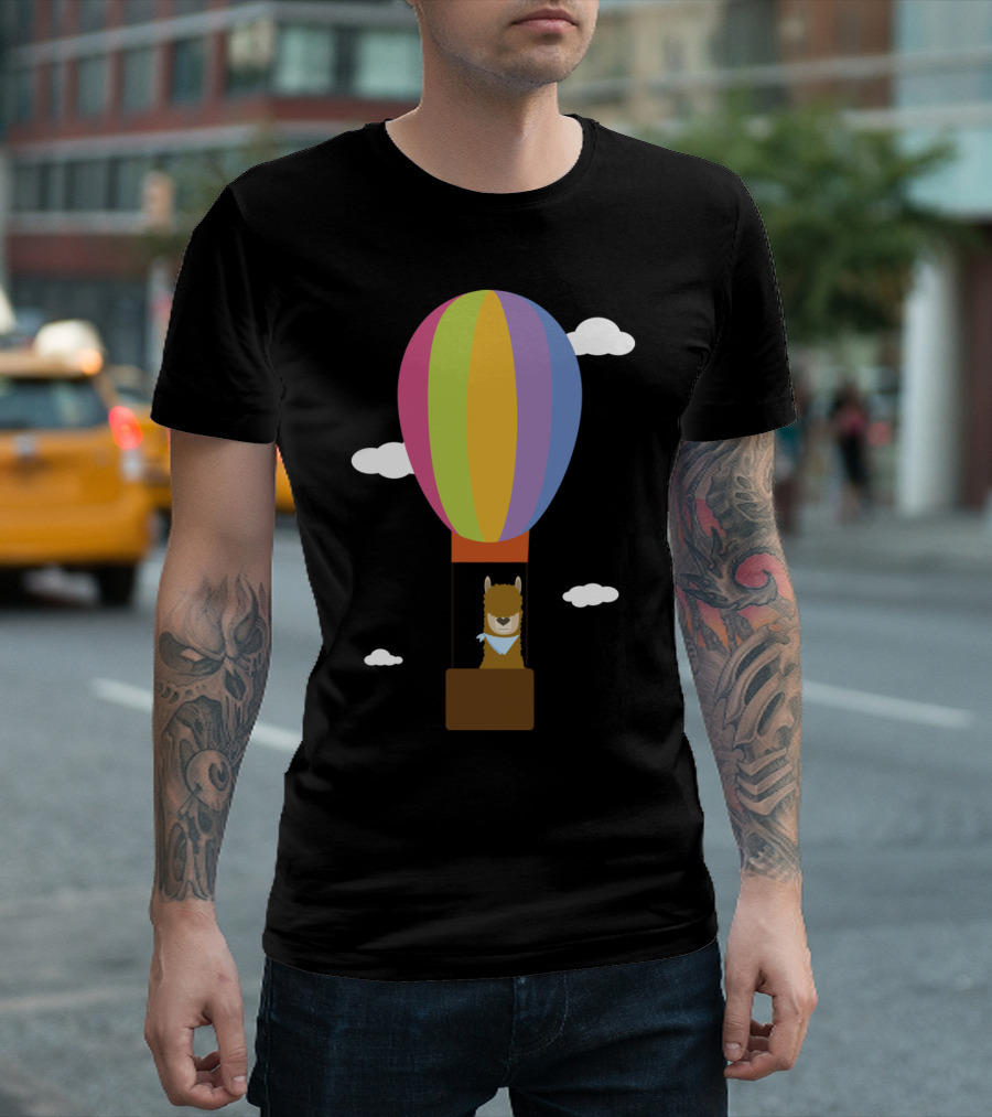Llama In Colorful Hot Air Balloon With Clouds T-Shirt