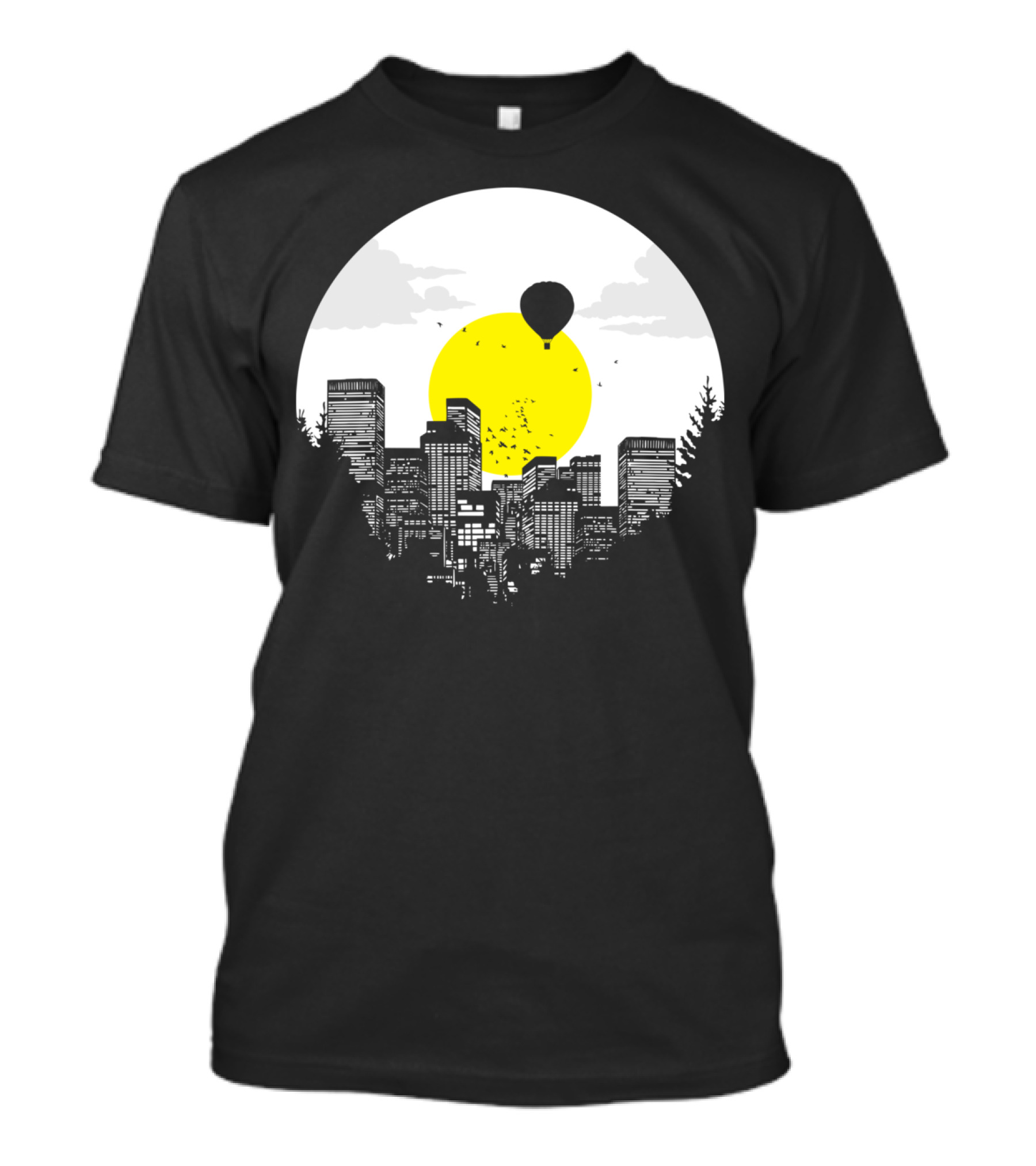 Sunny Side Of Life Urban Skyline With Hot Air Balloon And Bright Sun Background T-Shirt