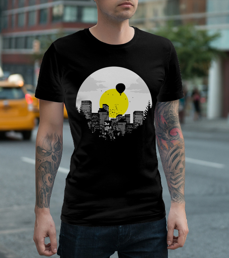 Sunny Side Of Life Urban Skyline With Hot Air Balloon And Bright Sun Background T-Shirt