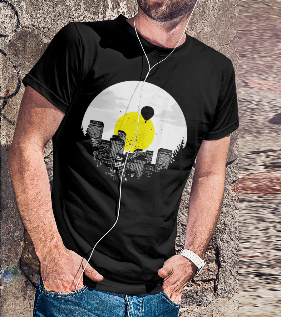 Sunny Side Of Life Urban Skyline With Hot Air Balloon And Bright Sun Background T-Shirt