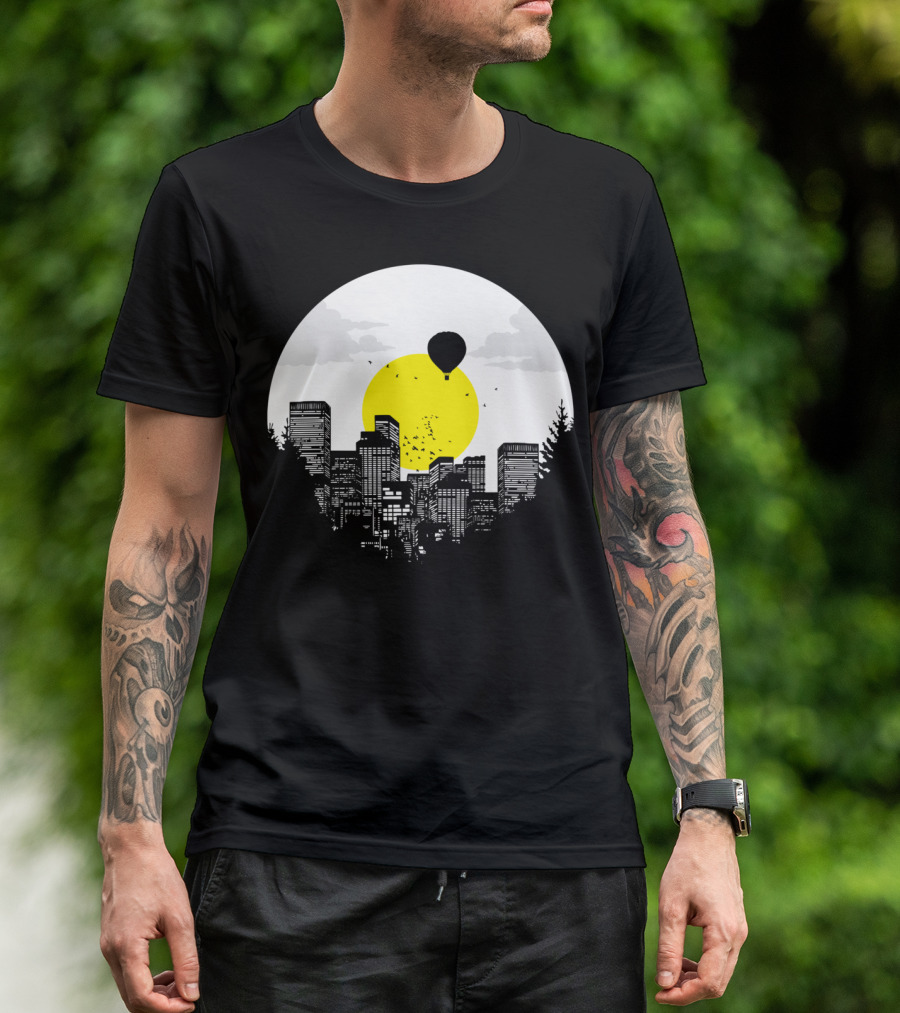 Sunny Side Of Life Urban Skyline With Hot Air Balloon And Bright Sun Background T-Shirt