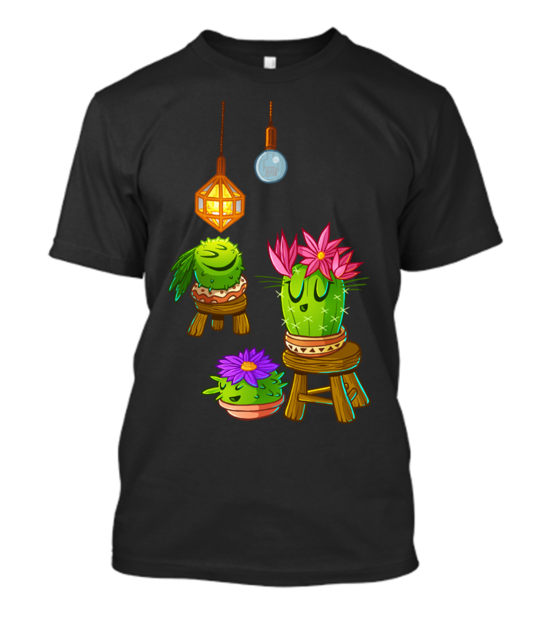 Cute Cacti On Stools With Flowers Under Hanging Lanterns T-Shirt