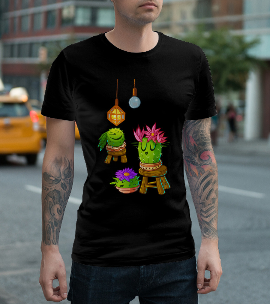Cute Cacti On Stools With Flowers Under Hanging Lanterns T-Shirt