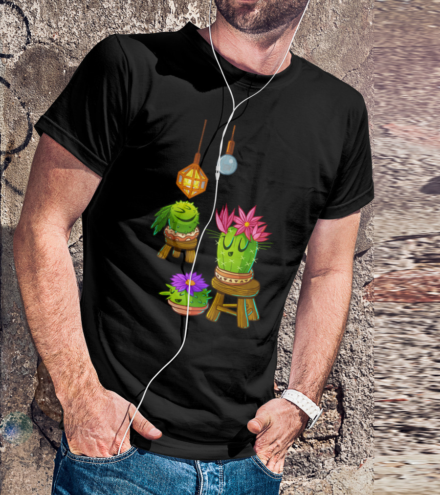 Cute Cacti On Stools With Flowers Under Hanging Lanterns T-Shirt