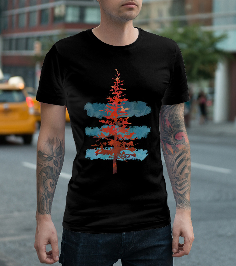 Red Pine Tree with Blue Background Stripes T-Shirt