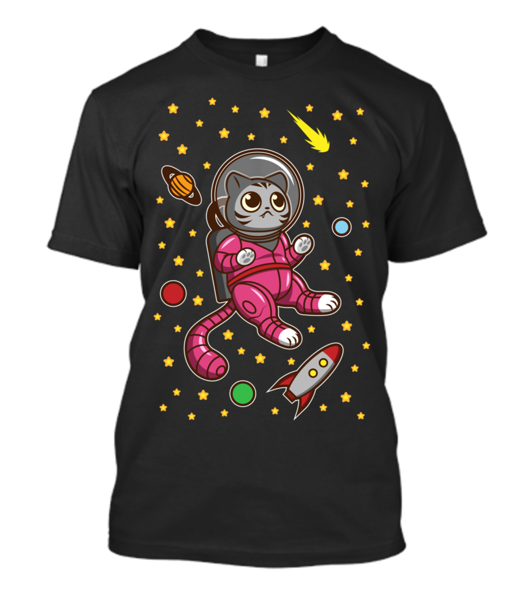 Kitty Cat In Space Astronaut Adventure With Stars And Planets T-Shirt
