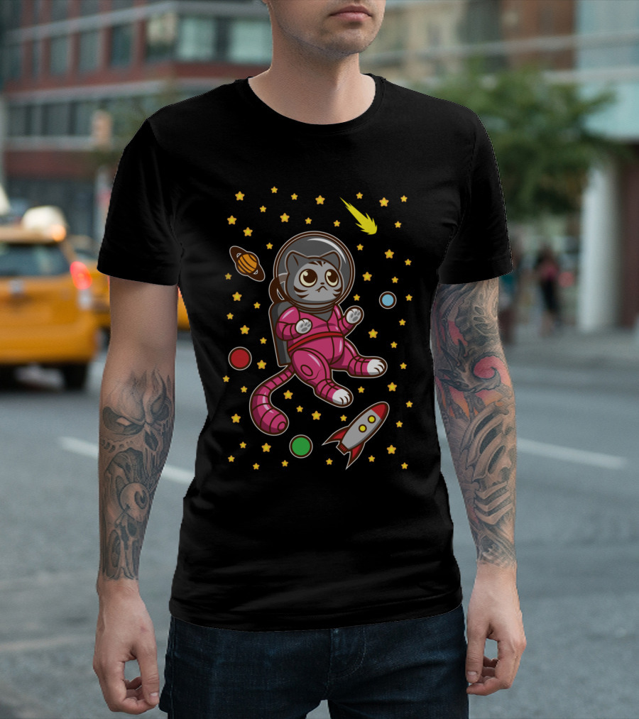 Kitty Cat In Space Astronaut Adventure With Stars And Planets T-Shirt