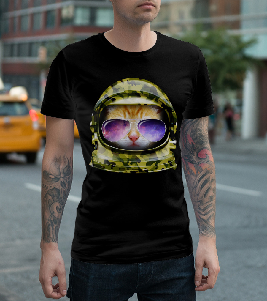 Kitty Astronaut in Green Camo Helmet with Space Glasses T-Shirt