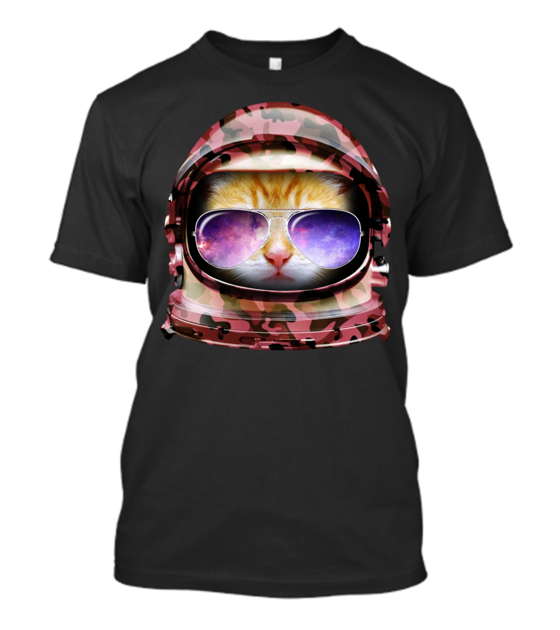 Kitty In Space Red Camo Astronaut Helmet With Sunglasses And Galaxy Reflection T-Shirt