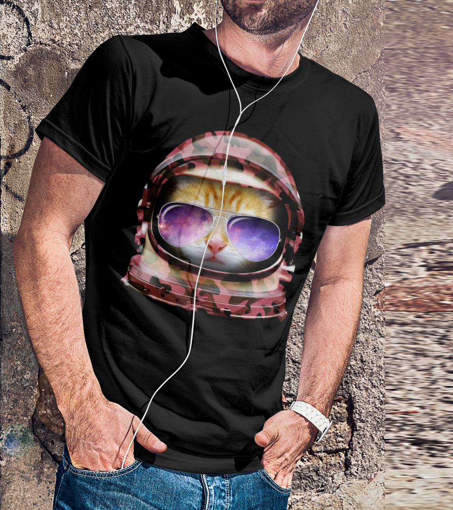 Kitty In Space Red Camo Astronaut Helmet With Sunglasses And Galaxy Reflection T-Shirt