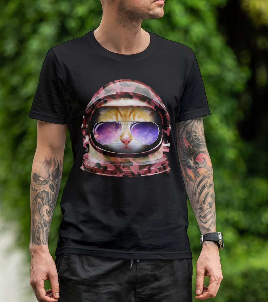 Kitty In Space Red Camo Astronaut Helmet With Sunglasses And Galaxy Reflection T-Shirt