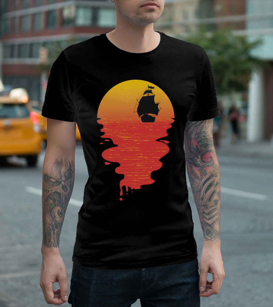 Sunset Reflection with Pirate Ship Silhouette on Horizon T-Shirt