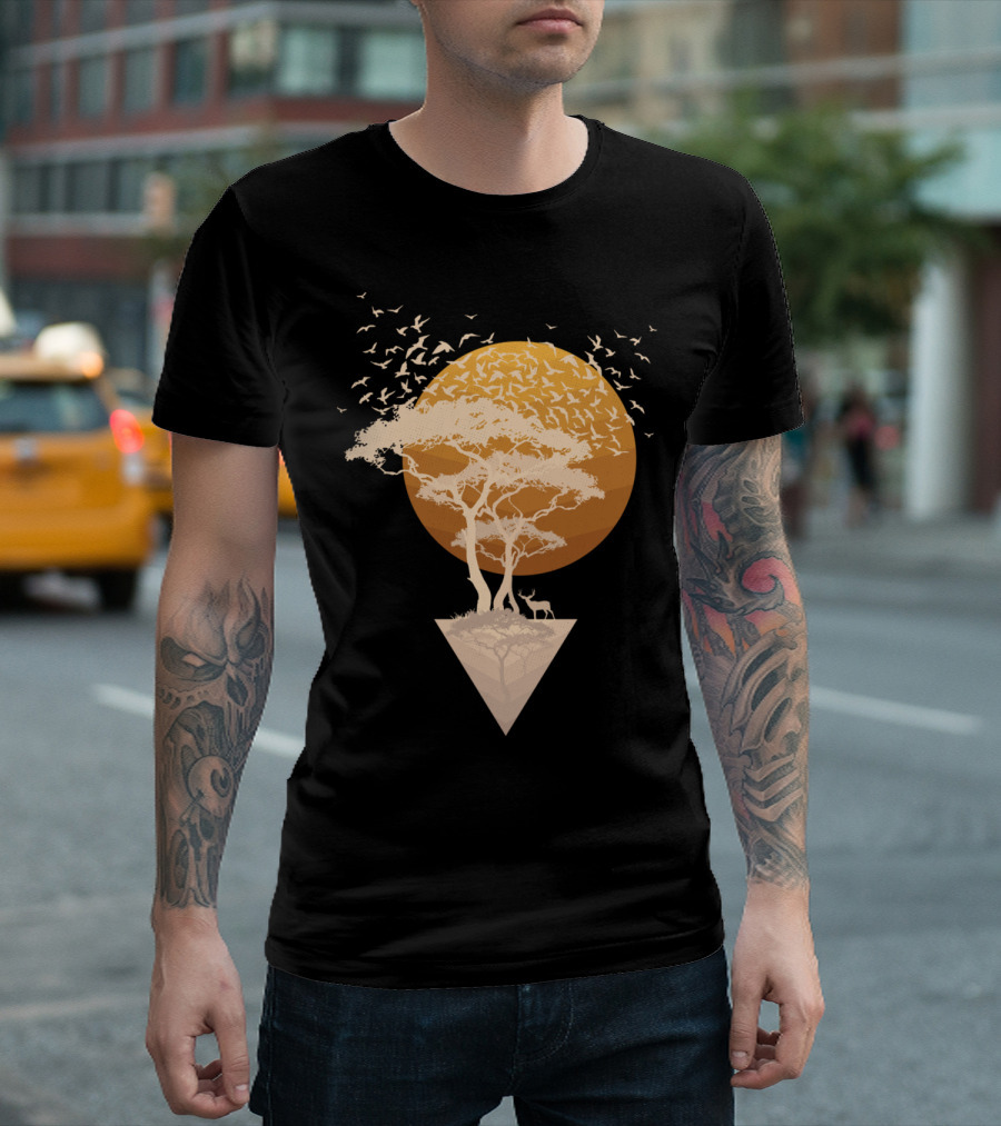 Sunset In Paradise With Tree Silhouette And Birds In Golden Circle T-Shirt