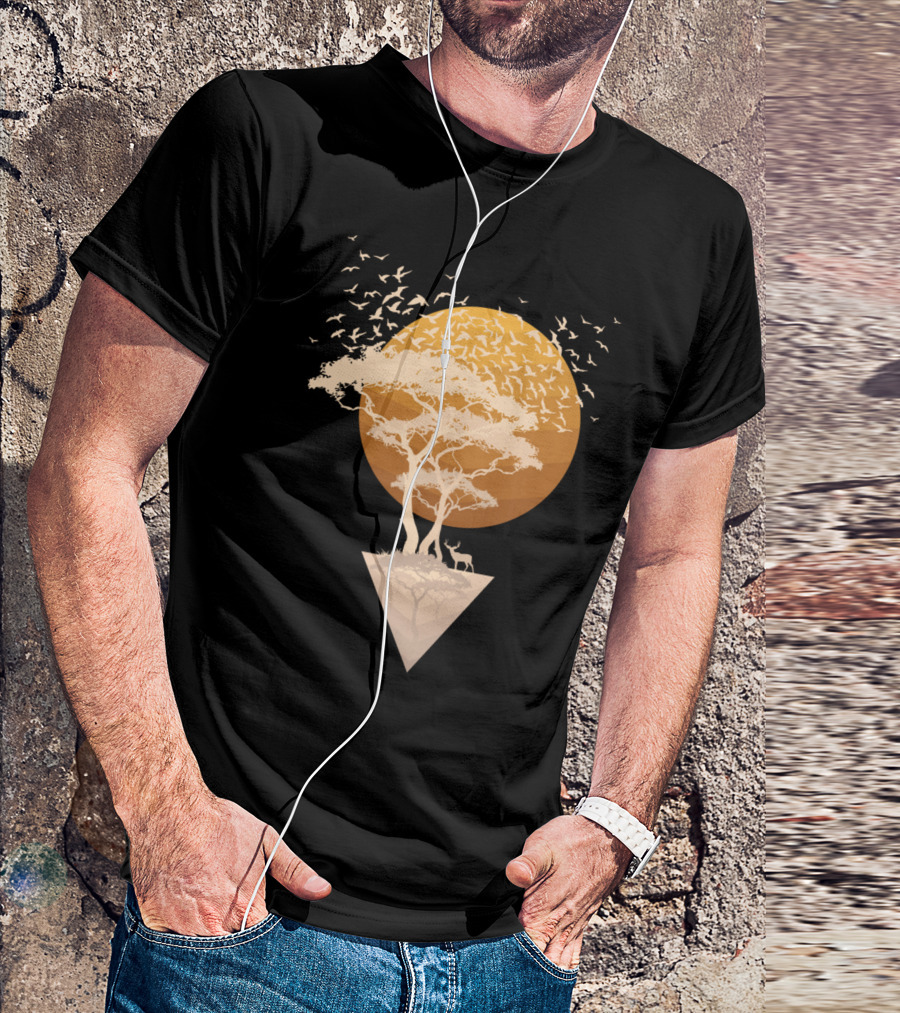Sunset In Paradise With Tree Silhouette And Birds In Golden Circle T-Shirt