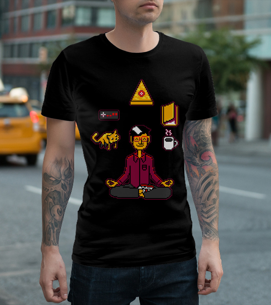 Meditation Games Coffee Books Pizza Cat Retro Pixel T-Shirt