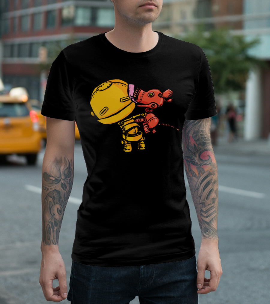 Cute Robot with Playful Puppy Hugging T-Shirt