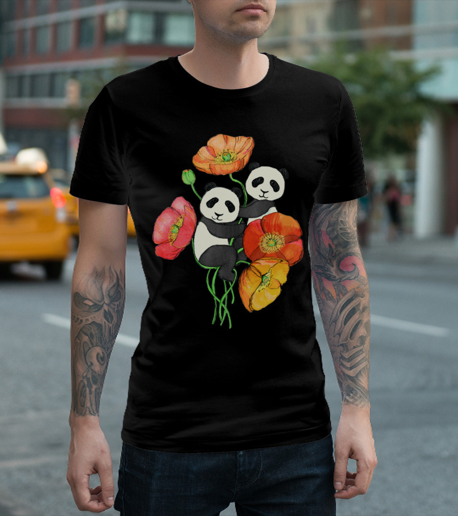 Poppies and Pandas Surrounded by Colorful Blooms T-Shirt