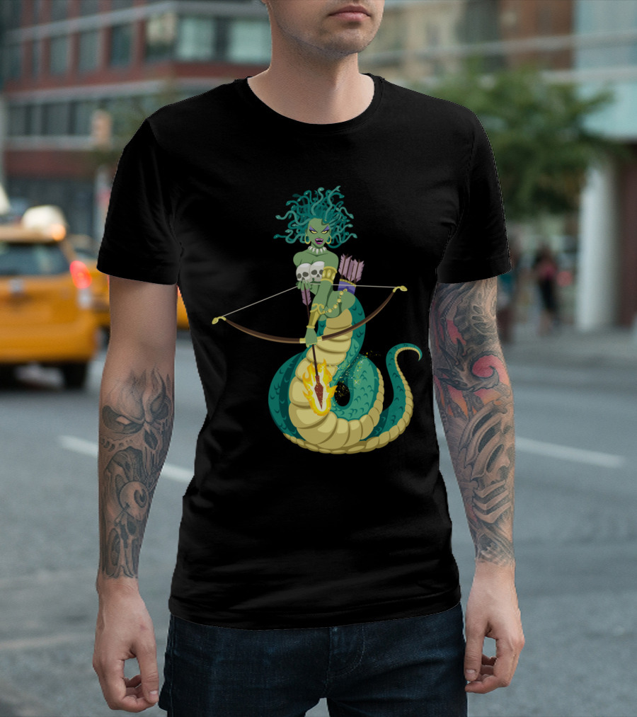 Medusa Mythical Archer with Serpent Tail and Flaming Arrow T-Shirt