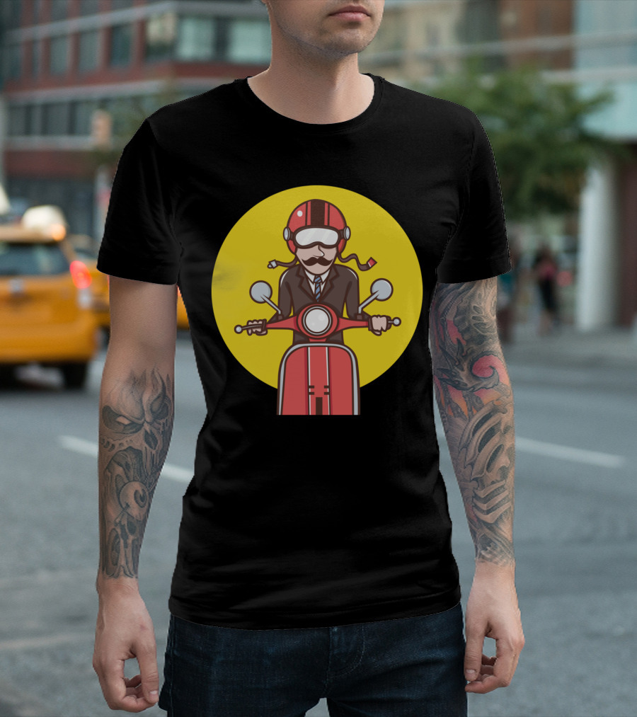 Red Scooter Rider with Helmet and Mustache in Yellow Circle T-Shirt