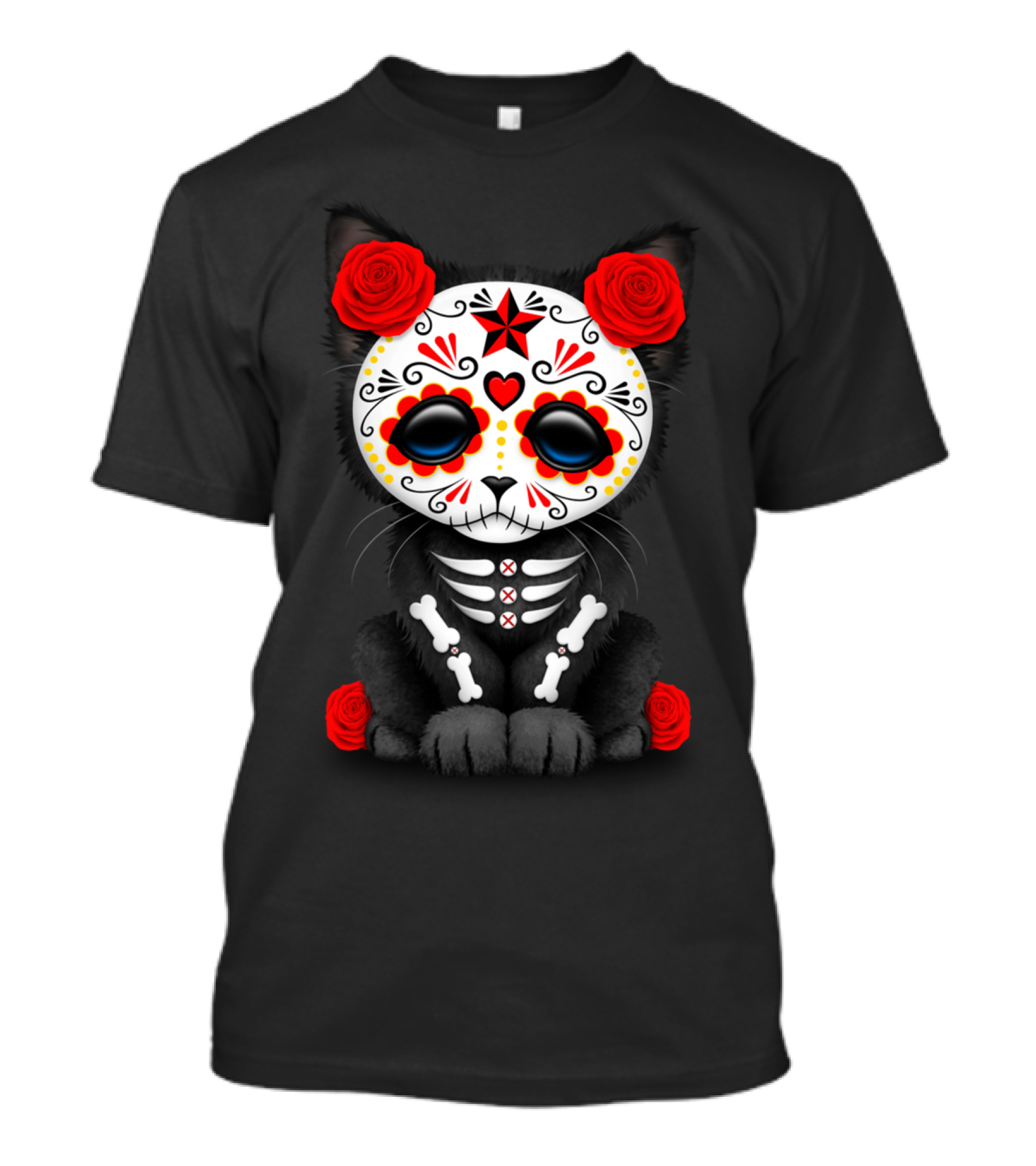 Cute Red Day Of The Dead Kitten With Floral Skull T-Shirt