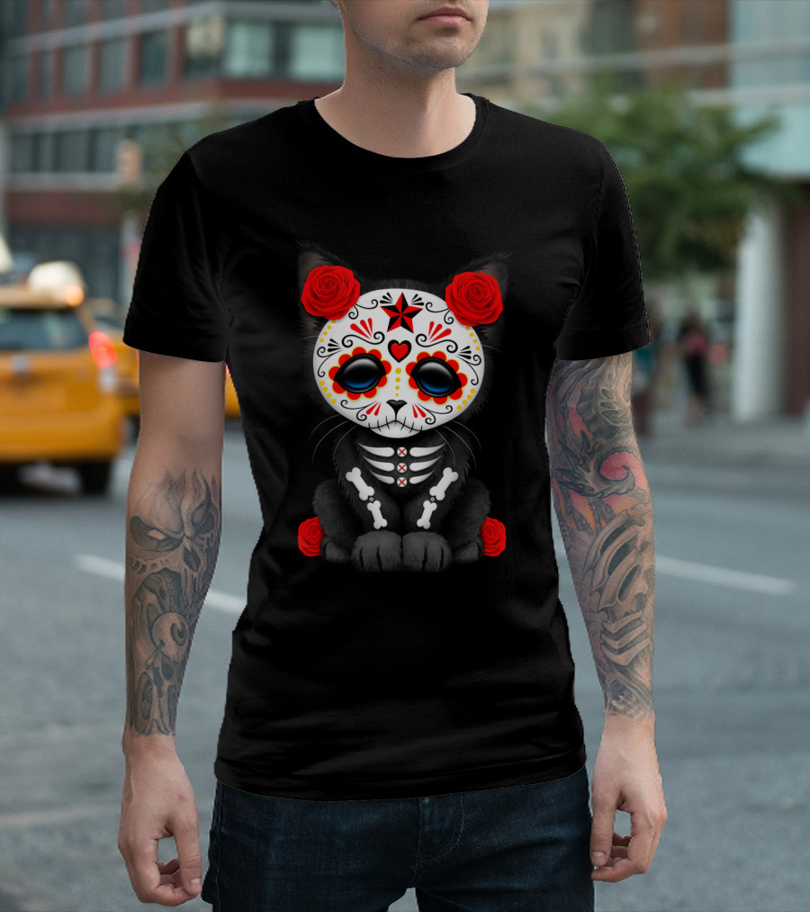 Cute Red Day Of The Dead Kitten With Floral Skull T-Shirt