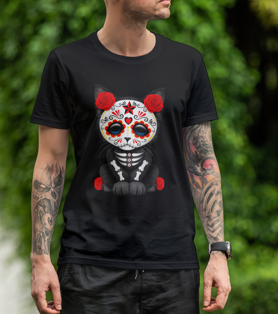 Cute Red Day Of The Dead Kitten With Floral Skull T-Shirt