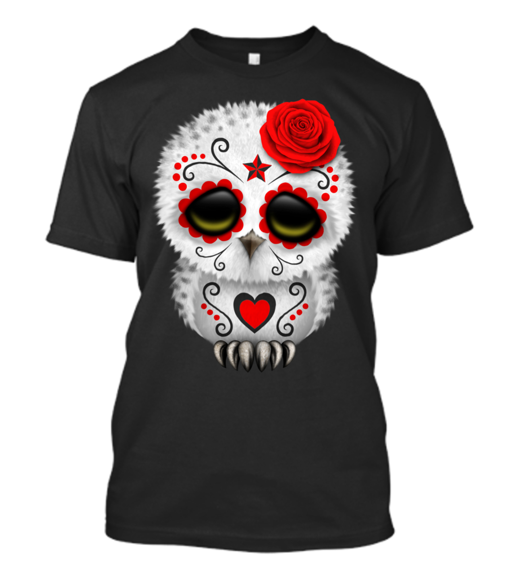 Adorable Red Day Of The Dead Owl With Sugar Skull Design And Heart Motif T-Shirt